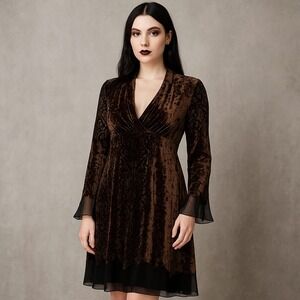 Elie‎ Tahari Brown Burnout Velvet Silk Blend Dress Womens M Boho Gothic Cocktail